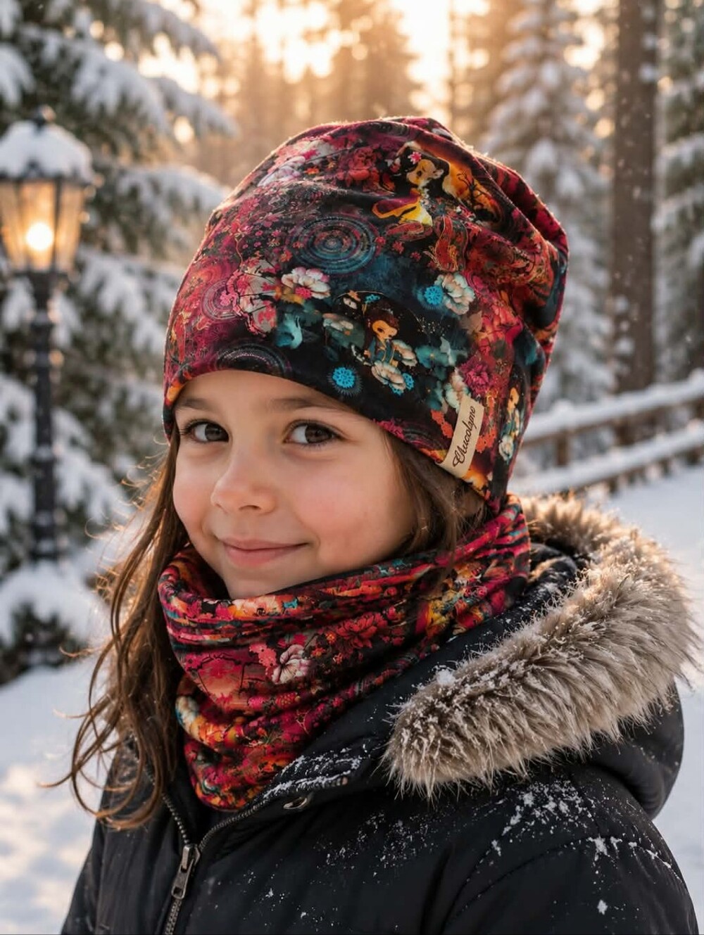 Kids Floral Multicolor Winter Beanie and Neck Warmer Set 3 À 5 Ans Réversible